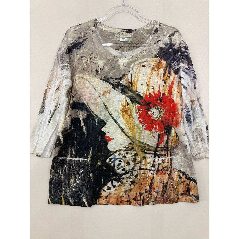 Impulse California Top Medium Multicolor Artsy Graphic Stretch Knit 3/4 Sleeve